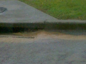 Muddy landscaping runoff entering a storm drain.